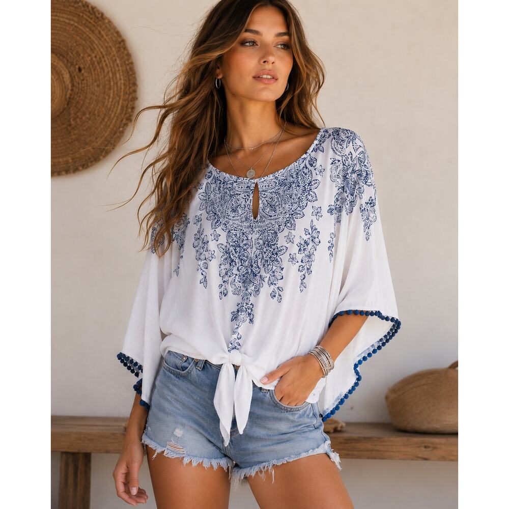 Christopher & Banks White Blue Embellished Boho Poncho Tie Front Top XL